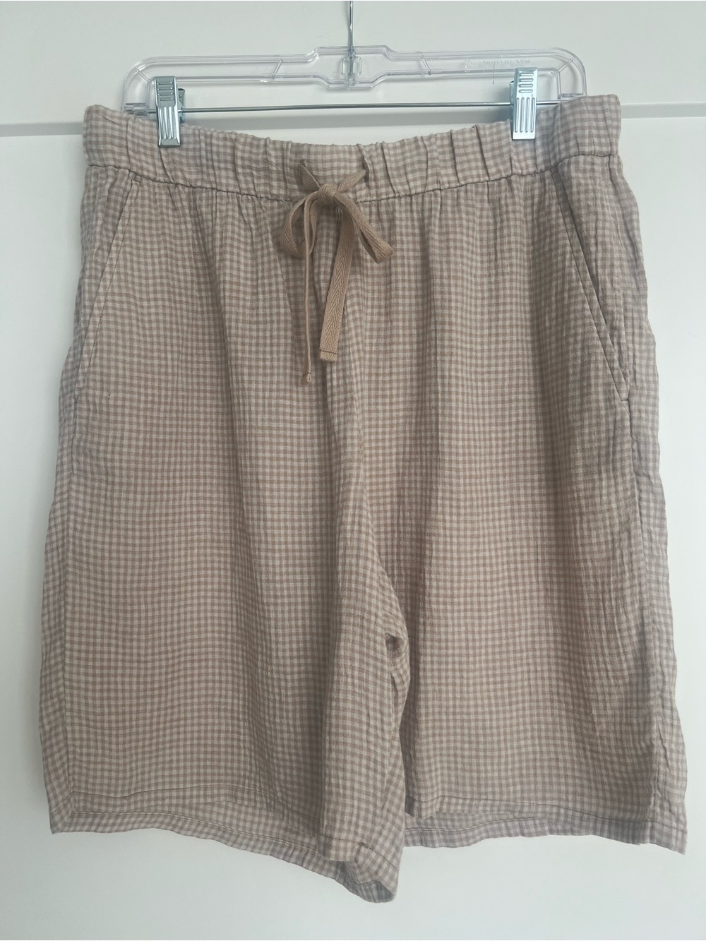 Eileen Fisher Organic Linen Gingham Bermuda Shorts Beige White Size Medium